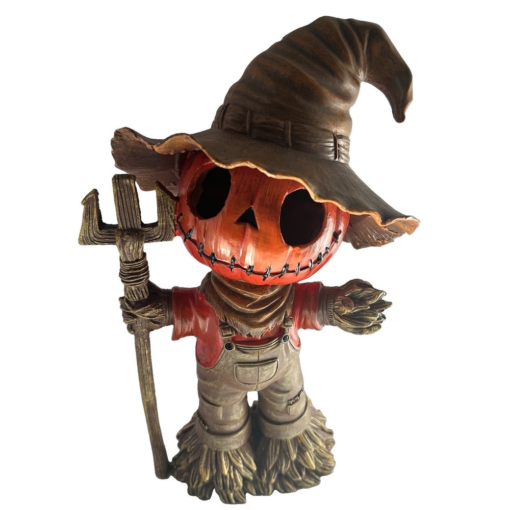 Halloween Eve Lighted Pumpkin Scarecrow Figure LED Harvest Decor 12" Resin